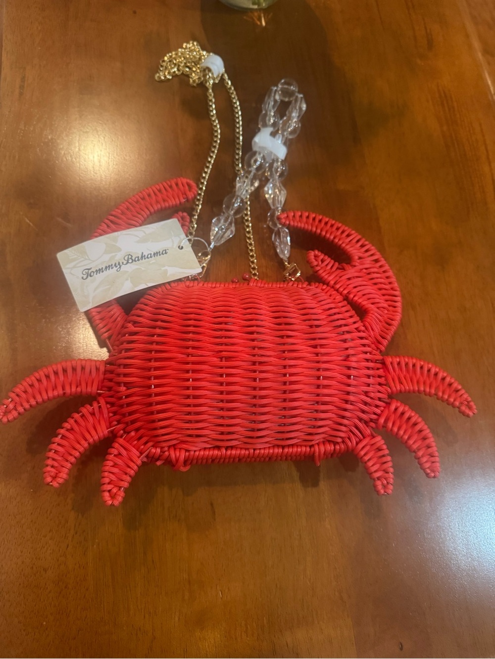 Tommy Bahama VIRAL Crab Red Wicker  Crossbody Bag Beaded Handle & Gold Chain - Picture 10 of 12